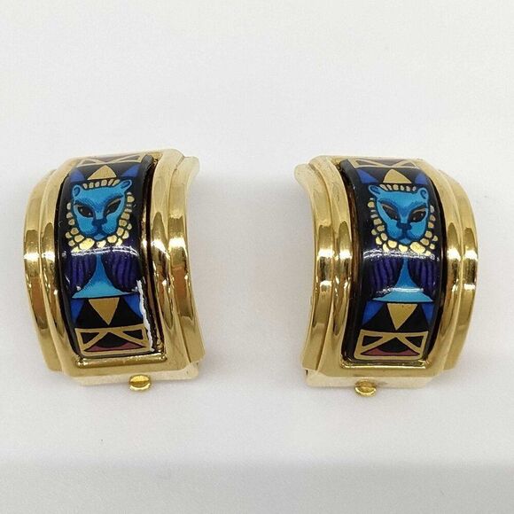 Herms Blue  Sphinx Enamel and Gold-Tone Clip-On Earrings with Box - Picture 1 of 7